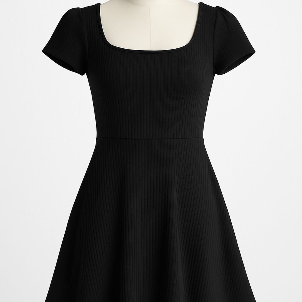 Girls Black Ribbed Knit Fit & Flare Dress Short Sleeve Cutout Neckline